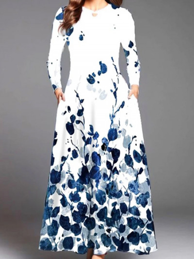 فستان ابيض فينتج بطبعات ورد زرقاء مع خصم علي اكسبرس بنسبة 76%